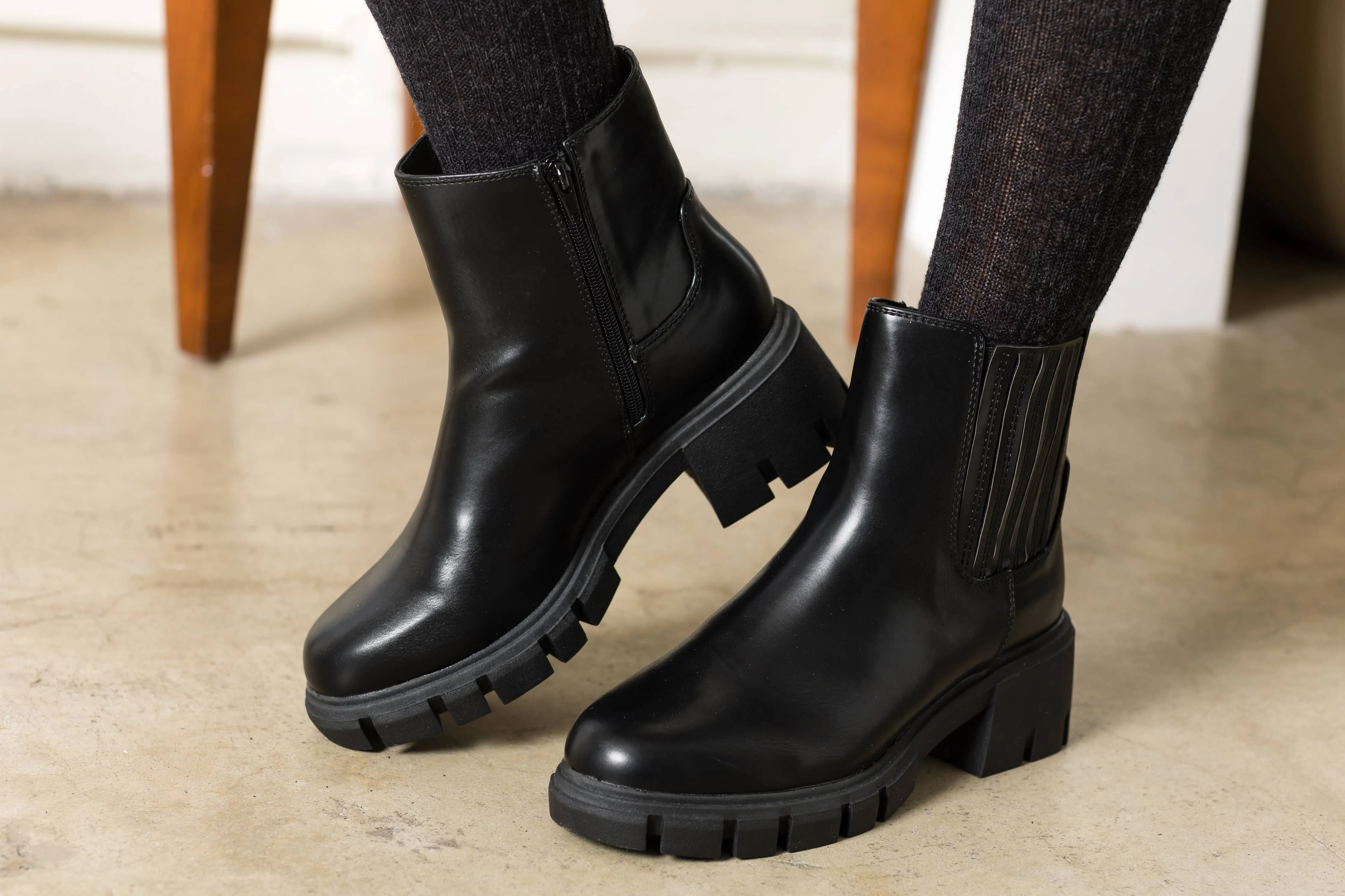 Women PU Leather Chunky Platform Zip Up Ankle Chelsea Boots