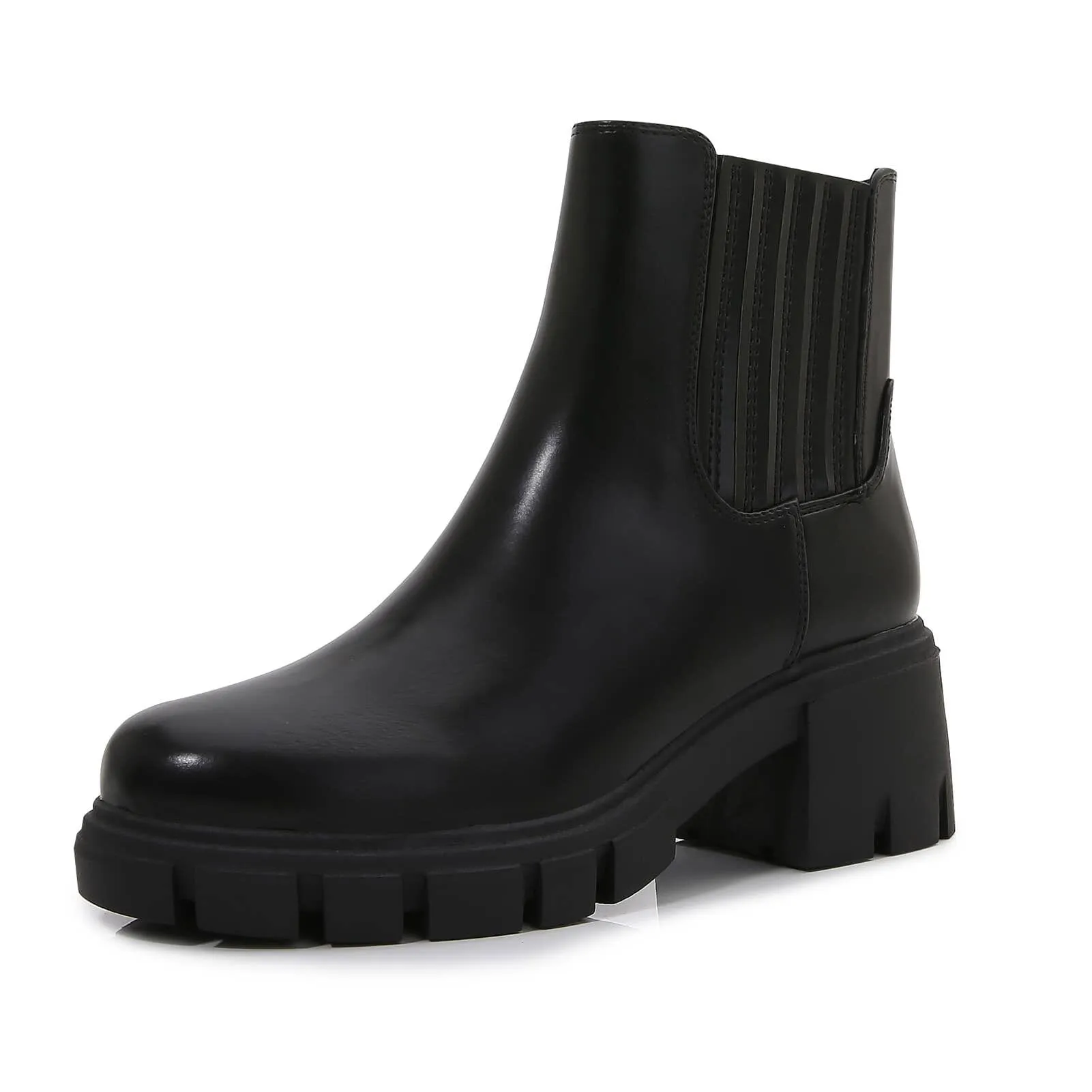 Women PU Leather Chunky Platform Zip Up Ankle Chelsea Boots