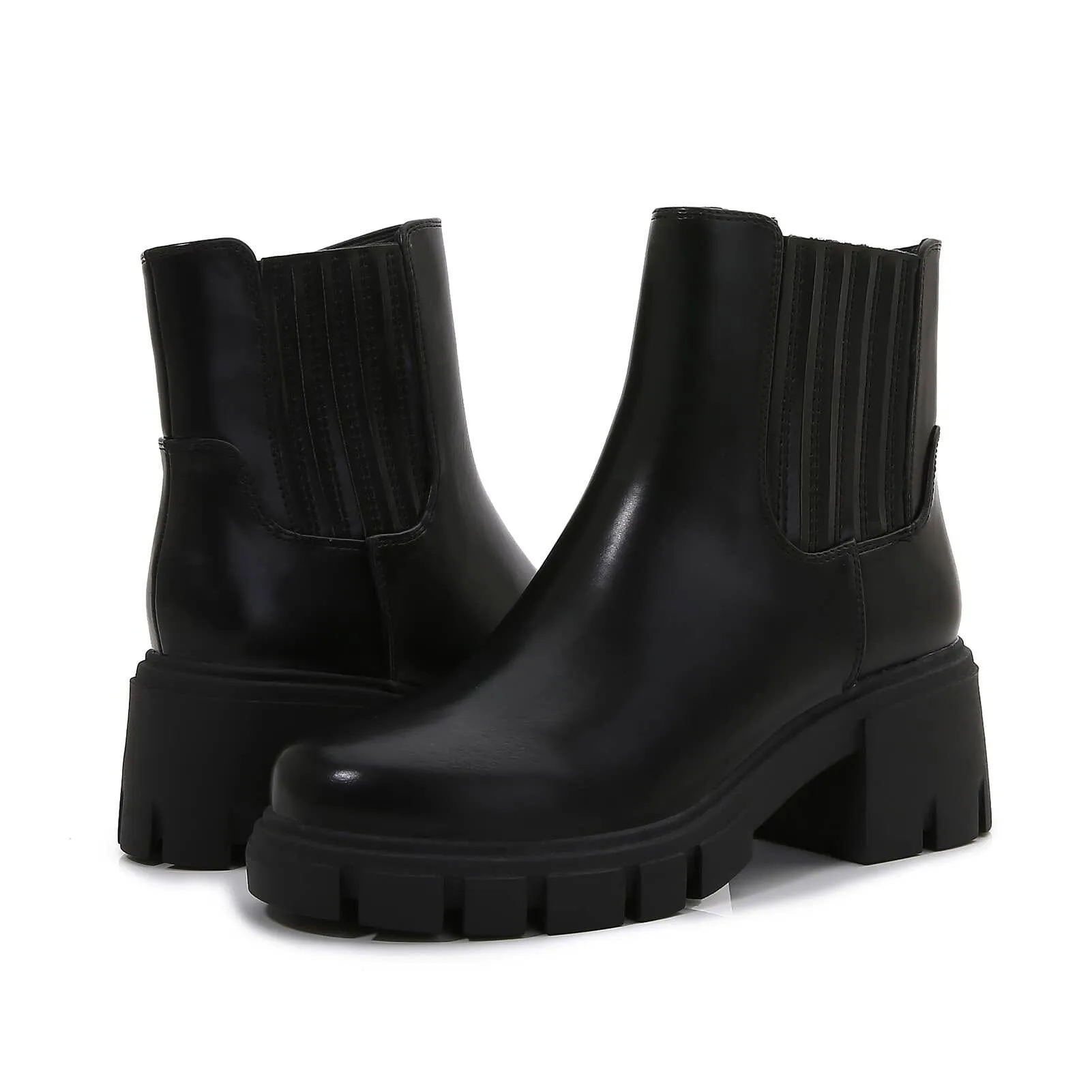 Women PU Leather Chunky Platform Zip Up Ankle Chelsea Boots