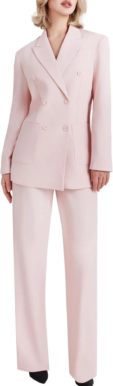 Women's 2 Piece Double Breasted Blazer and Wide Leg Pants Pocket Business Casual Office Suit