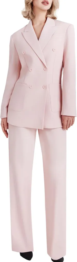 Women's 2 Piece Double Breasted Blazer and Wide Leg Pants Pocket Business Casual Office Suit