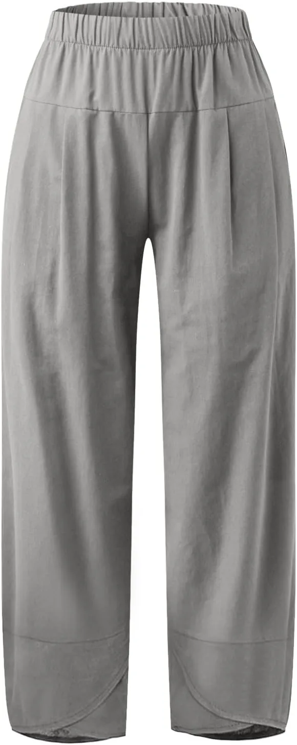 Womens Capri Pants High Waist Cropped Trousers Summer Wide Leg Drawstring Palazzo Ankle Vacation Pant with Pockets