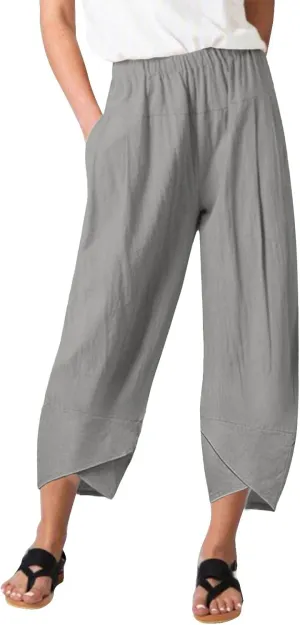 Womens Capri Pants High Waist Cropped Trousers Summer Wide Leg Drawstring Palazzo Ankle Vacation Pant with Pockets