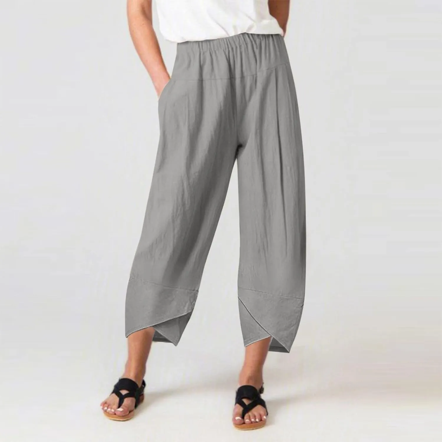 Womens Capri Pants High Waist Cropped Trousers Summer Wide Leg Drawstring Palazzo Ankle Vacation Pant with Pockets