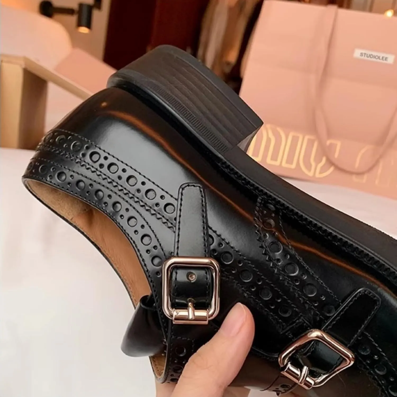 Women's Elegant Double Monk Brogues Low Block Heel Black Leather Dress Shoes