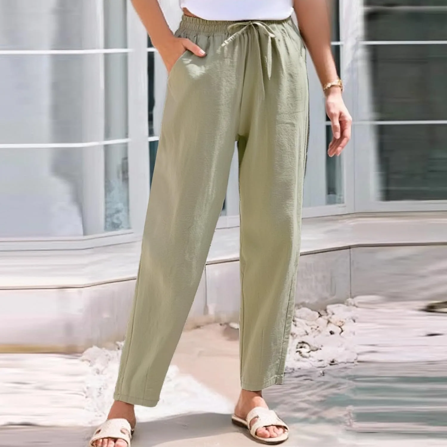 Womens Linen Pants Straight Leg Boho Palazzo Pants Casual Elastic Drawstring Waist Beach Lounge Pants with Pockets