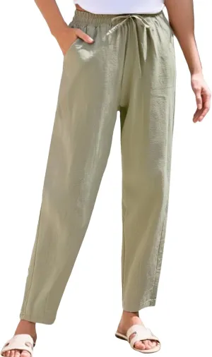 Womens Linen Pants Straight Leg Boho Palazzo Pants Casual Elastic Drawstring Waist Beach Lounge Pants with Pockets