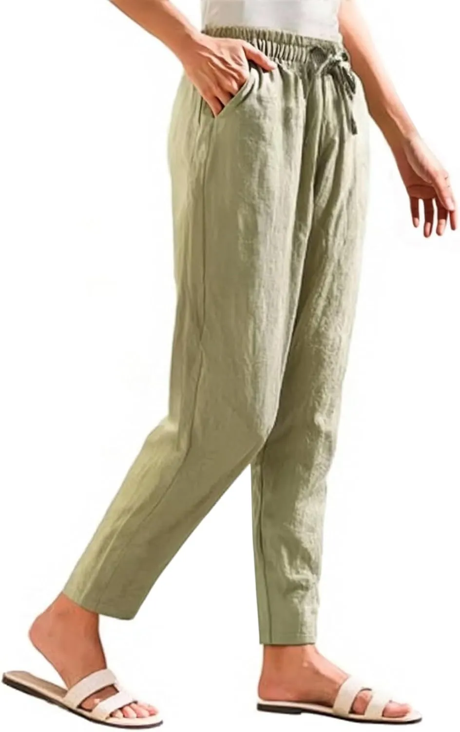 Womens Linen Pants Straight Leg Boho Palazzo Pants Casual Elastic Drawstring Waist Beach Lounge Pants with Pockets