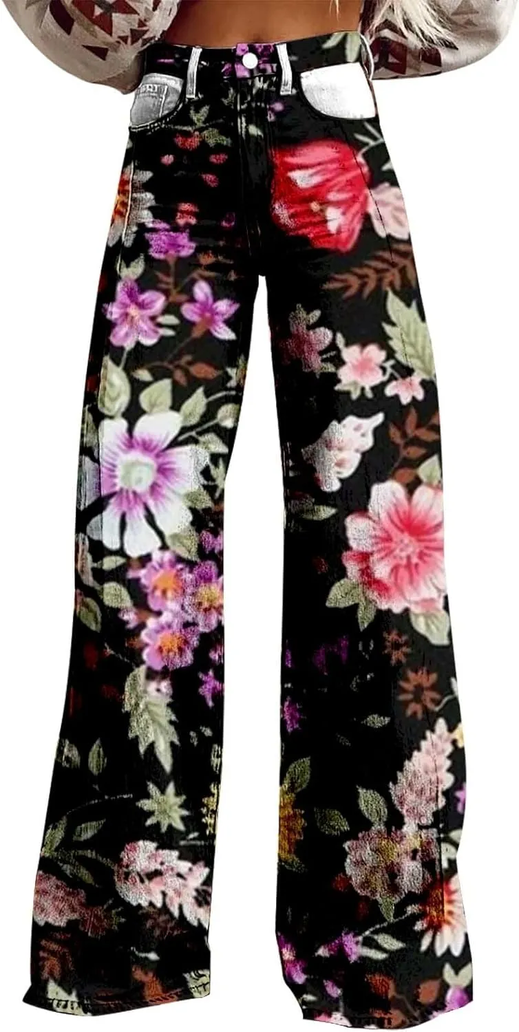 Womens Loose Fit Trousers Tie Dye High Waist Flare Wide Leg Baggy Loungre Pants Fashion Vintage Workout Palazzo Pants