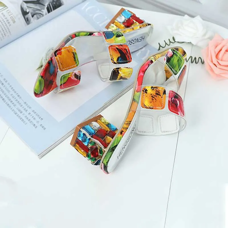 Women's Rainbow Square Heel Crystal Sandals