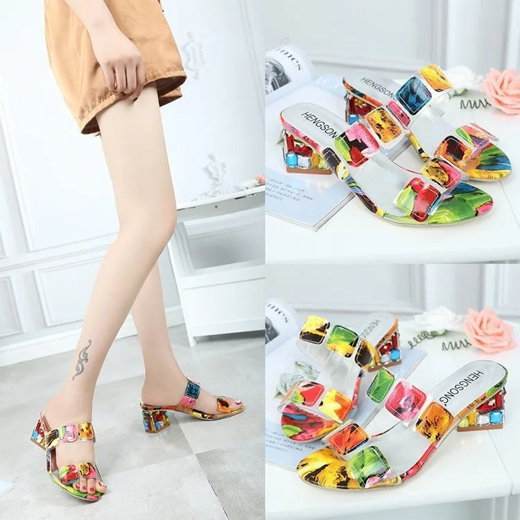 Women's Rainbow Square Heel Crystal Sandals