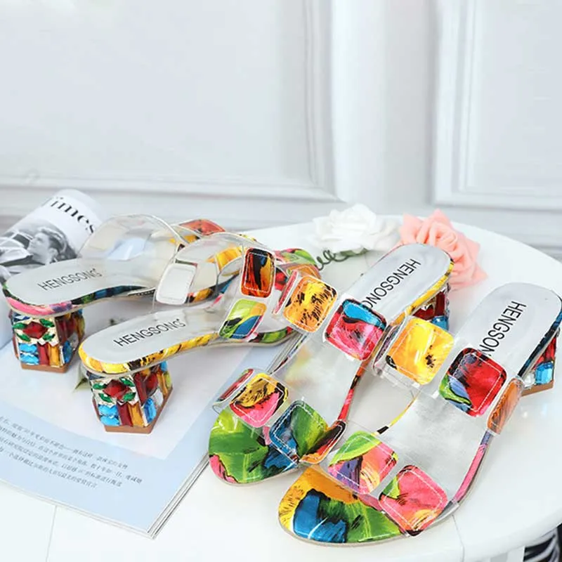 Women's Rainbow Square Heel Crystal Sandals