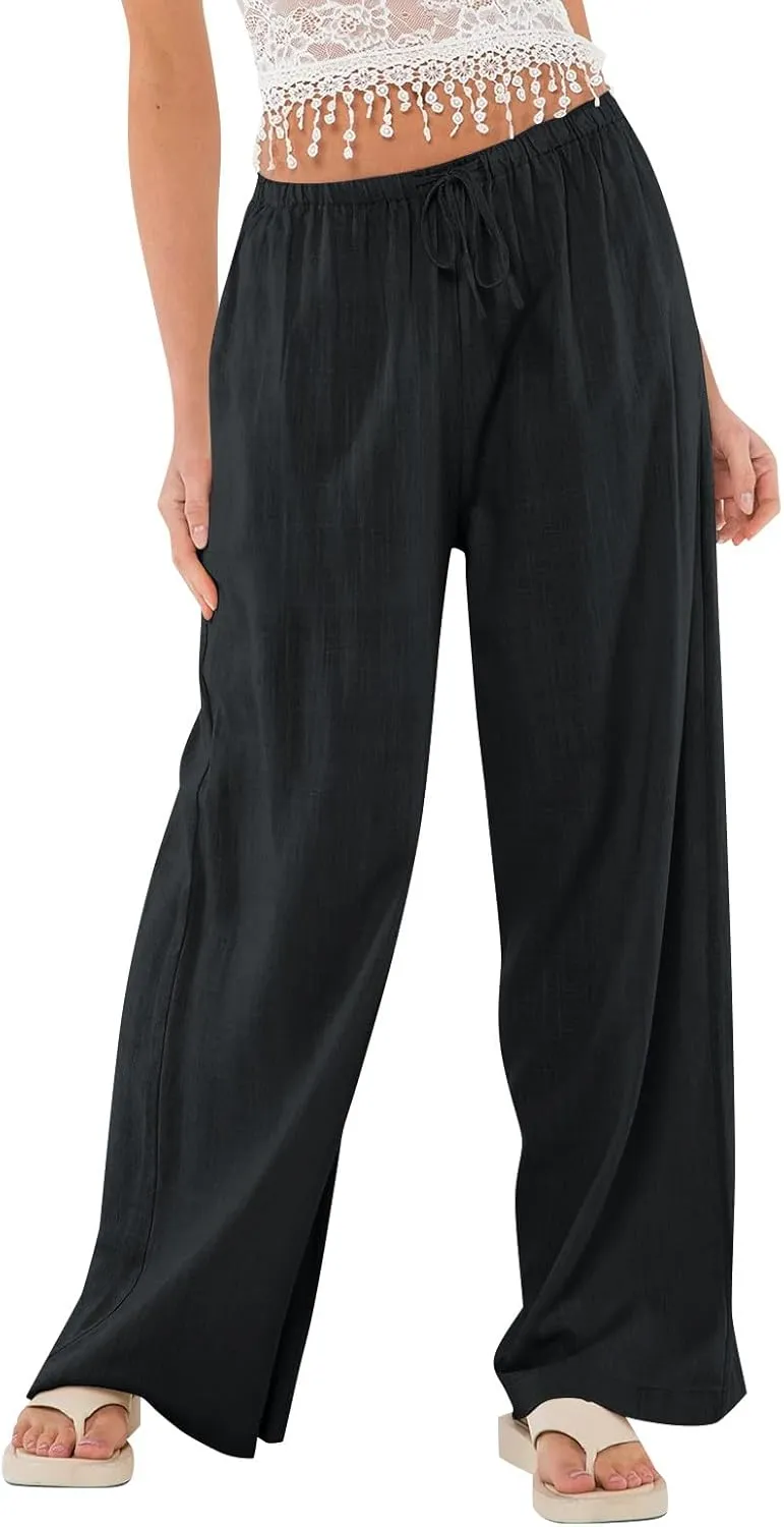 Womens Summer Casual Pant Cotton Linen Button 2025 Flowy Pants & Palazzo Straight High Rise Solid Baggy Clothes Pocket
