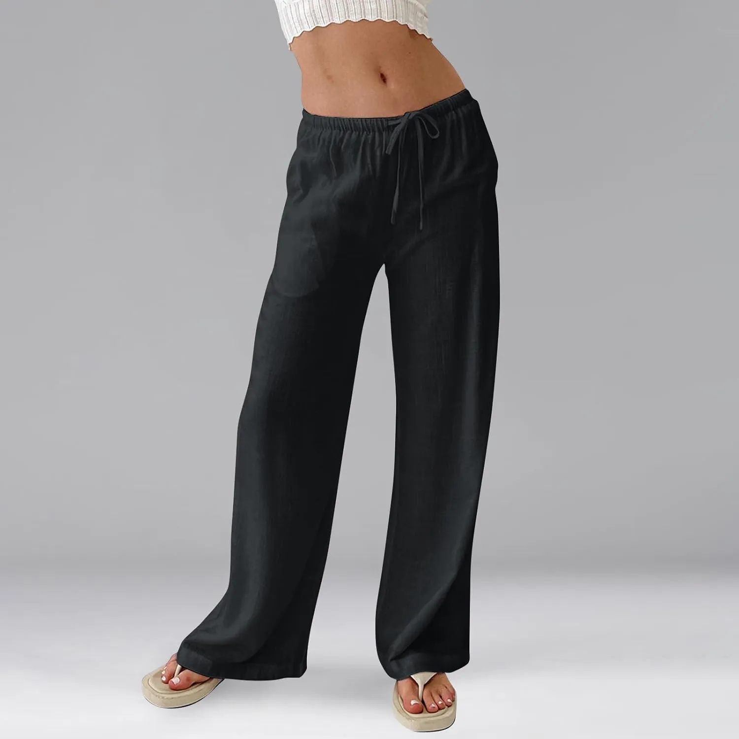 Womens Summer Casual Pant Cotton Linen Button 2025 Flowy Pants & Palazzo Straight High Rise Solid Baggy Clothes Pocket