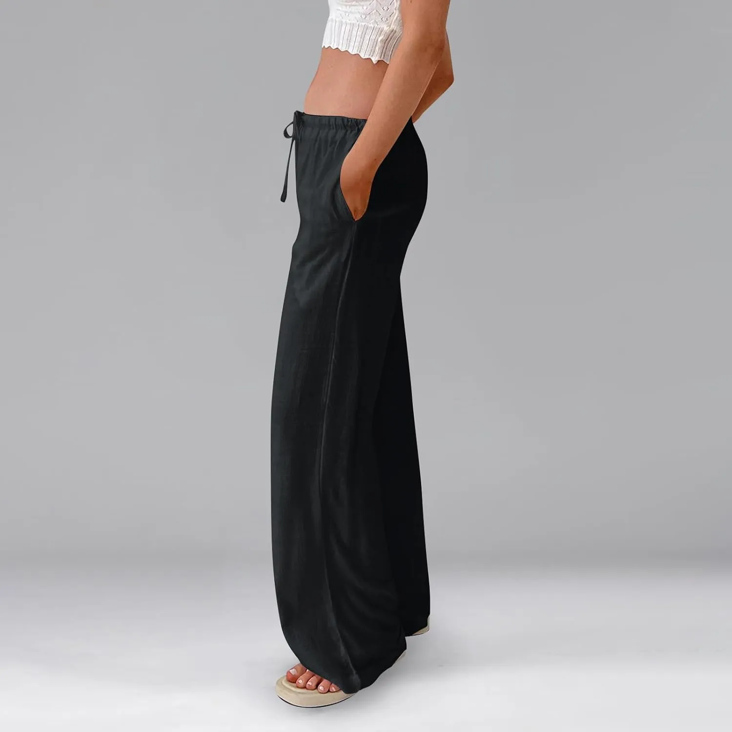 Womens Summer Casual Pant Cotton Linen Button 2025 Flowy Pants & Palazzo Straight High Rise Solid Baggy Clothes Pocket
