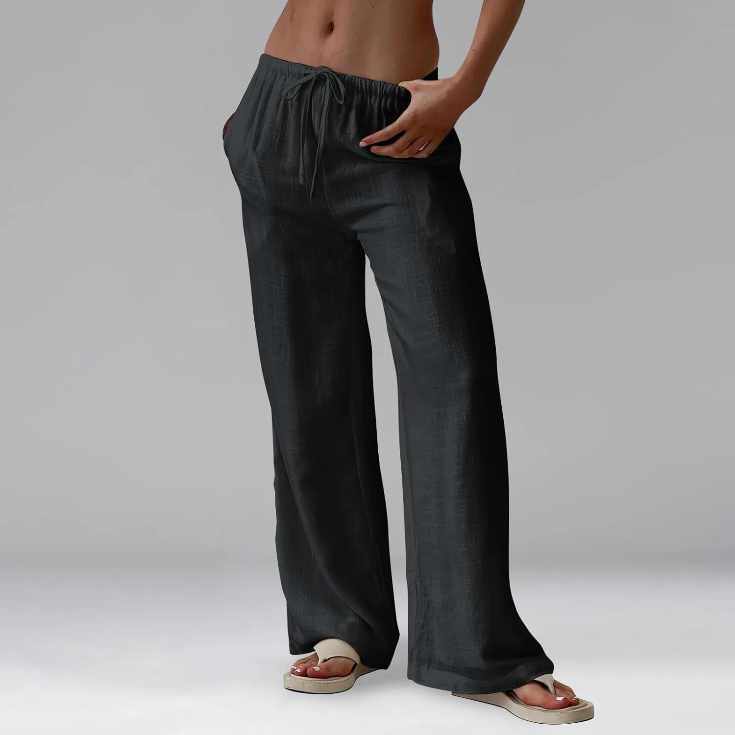 Womens Summer Casual Pant Cotton Linen Button 2025 Flowy Pants & Palazzo Straight High Rise Solid Baggy Clothes Pocket